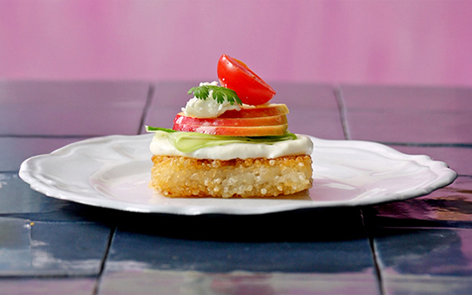 Crispy Rice Bites menu on a white plate. The image displays a lot of saturation and vivid colour theme