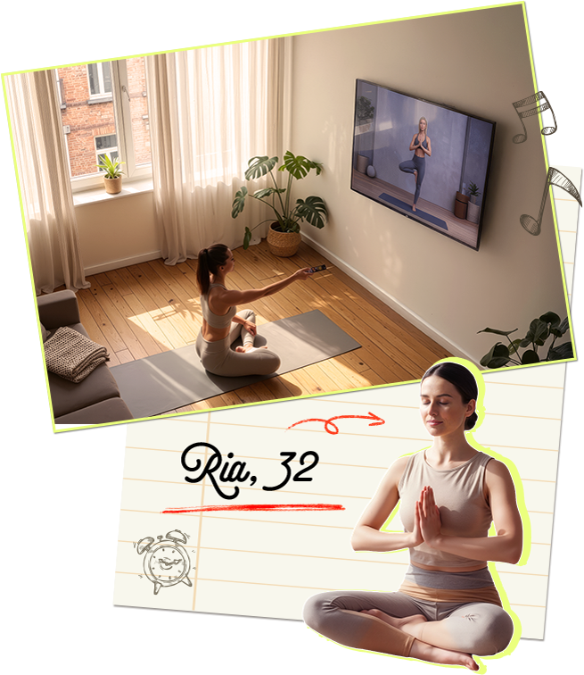 Woman doing morning yoga at home while following a workout on TV.