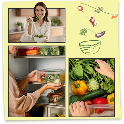 A collage showing fresh meal prep and organized vegetables stored in an LG refrigerator.