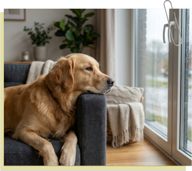 Golden retriever resting on a sofa by the window on a calm, rainy day