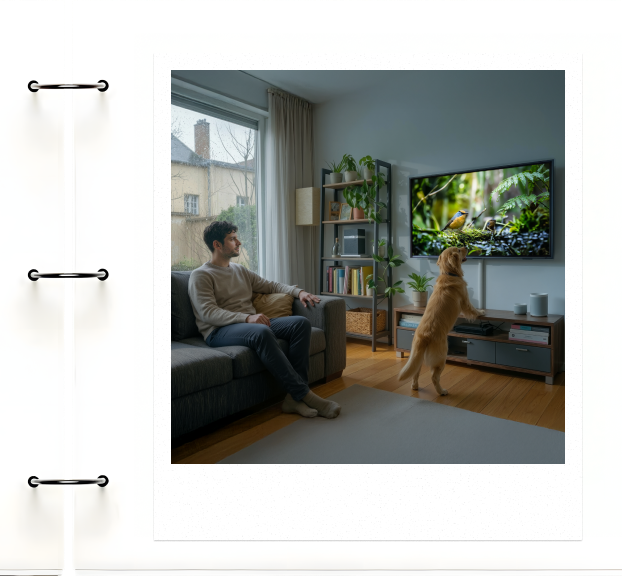 Golden retriever watching TV with its owner in a cosy living room on a rainy day