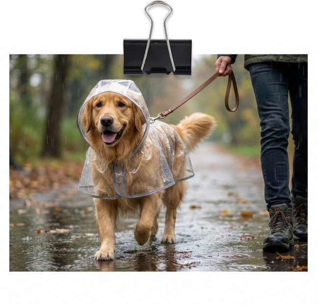 Golden retriever wearing a raincoat walking on a wet path with owner during a rainy walk