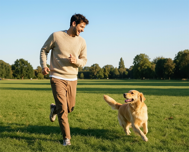 Man playing with a golden retriever in a sunny park during a relaxed walk