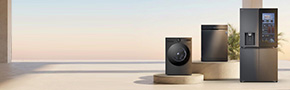 Perfectly matched lg washing machine and dryer in a modern light kitchen with up to 40% off on appliance bundles promotional message
