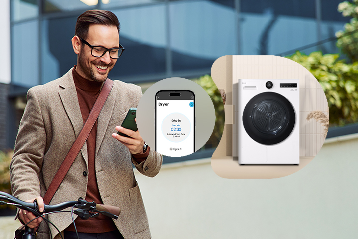 A man remotely controlling the LG dryer through a ThinQ app.