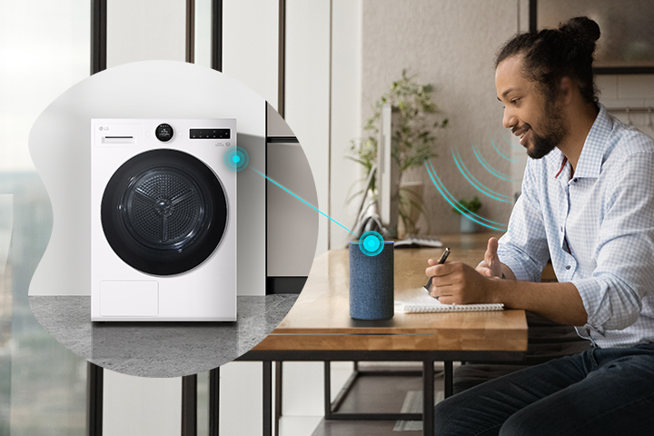 A woman controlling the LG dryer with voice assistant.