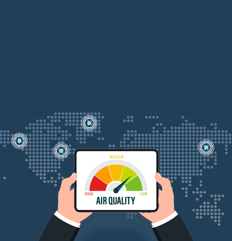 Illustration of a tablet displaying air quality levels with a global map background, highlighting worldwide air quality standards.