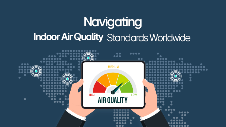 Navigating indoor air quality standards worldwide with an illustration of a tablet displaying air quality levels from high to low.