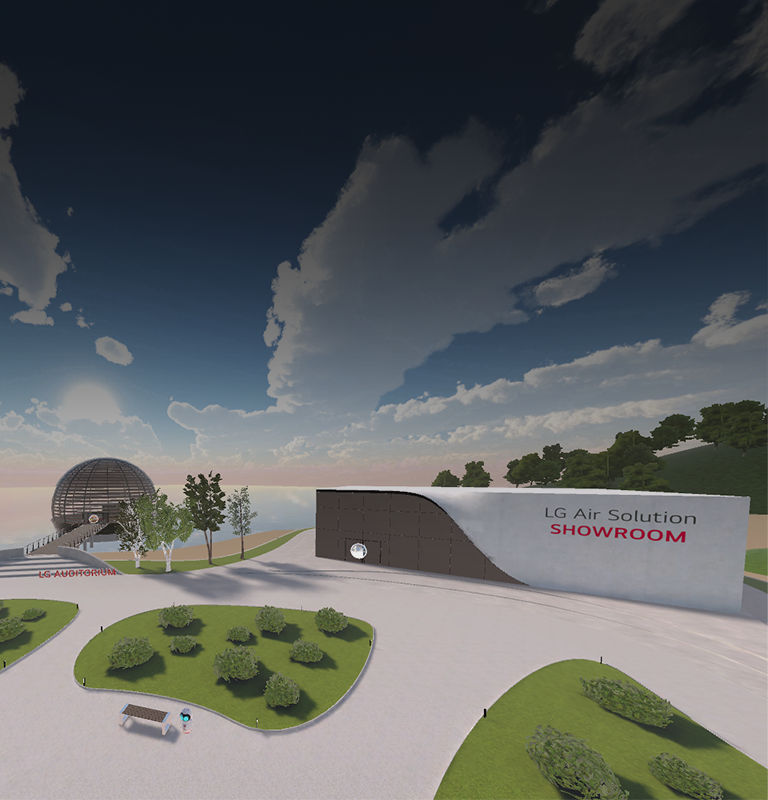 The front view of LG Air Solution Showroom from the center park, with blue and cloudy sky and ocean on the background