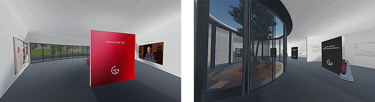 Two images from LG Introduction exhibition space, one with the red LG wall and one with other part of the exhibition