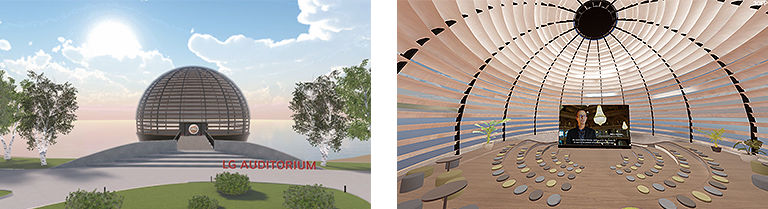 Two images of LG Auditorium, the front view and the inside view