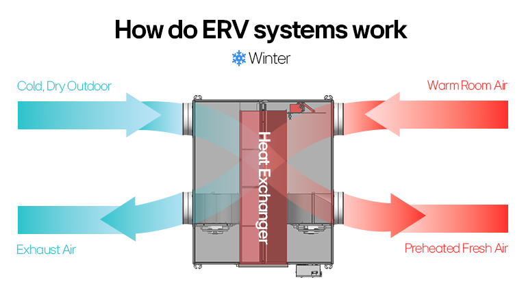 Diagram of how ERV systems work in winter, using a heat exchanger to preheat fresh air with warm exhaust air.