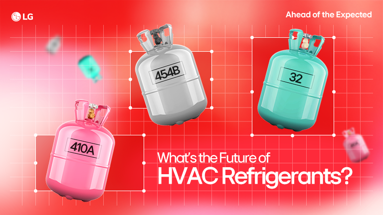 Three refrigerant tanks labeled 454B, 410A, and 32 with 'Ahead of the Expected' headline.