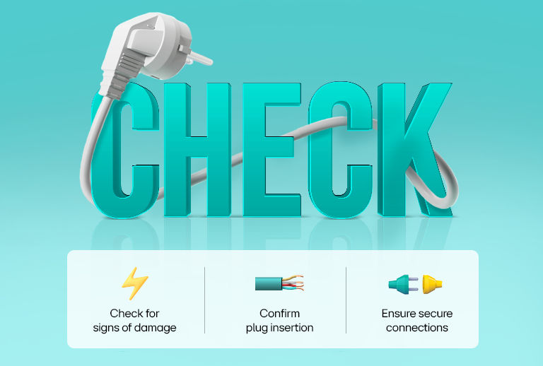 Graph illustration with a large 3D text "Check" in teal color, and it is about checking the power of outdoor unit.