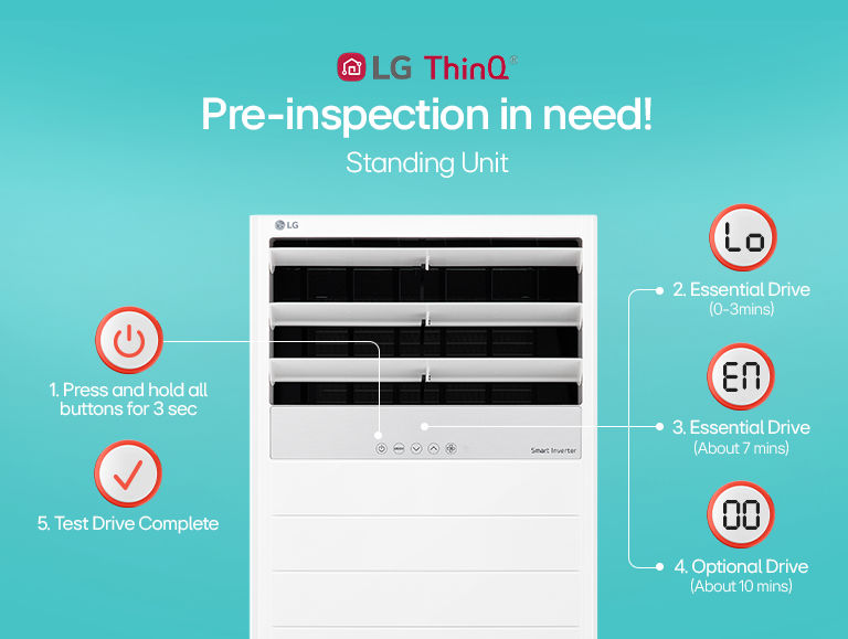 LG standing unit air conditioner with instructions for pre-insepction steps.