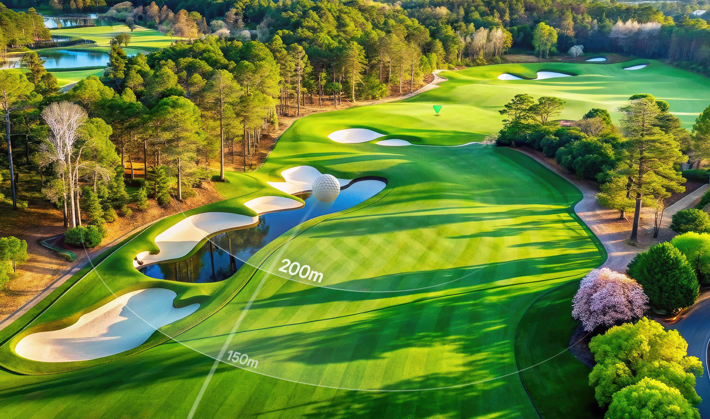 There is a stunning aerial view of a golf course with sand bunkers, water features, and distances marked as 150m and 200m. There is a stunning aerial view of a golf course with sand bunkers, water features, and distances marked as 150m and 200m.
