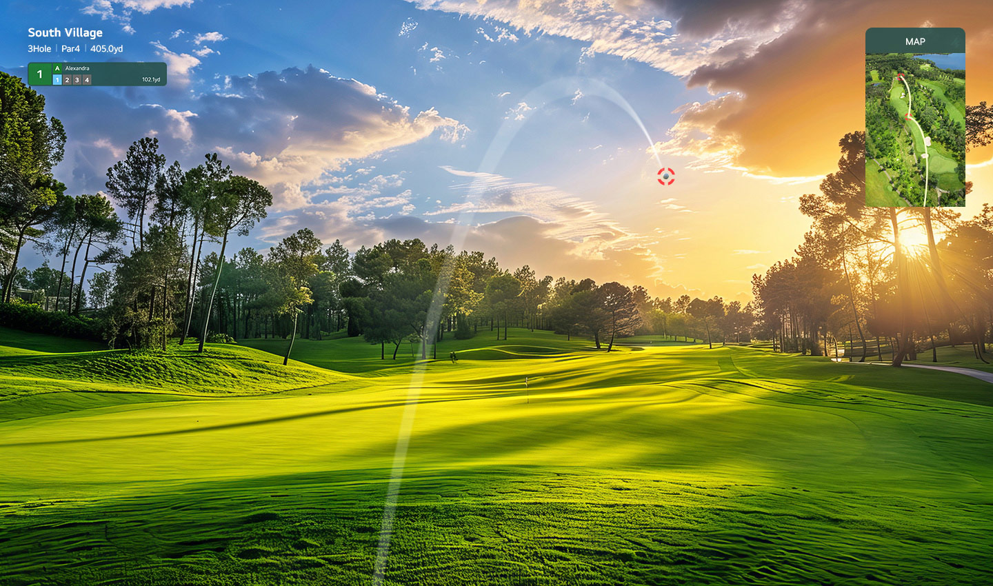 A virtual golf ball is in mid-flight with a stunning sunset on a green golf course and an overhead course map displayed. A virtual golf ball is in mid-flight with a stunning sunset on a green golf course and an overhead course map displayed.