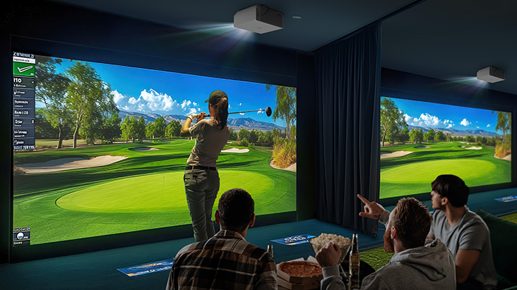 People watch a golfer practicing on a golf simulator with bright, vivid visuals displayed by LG ProBeam projectors.