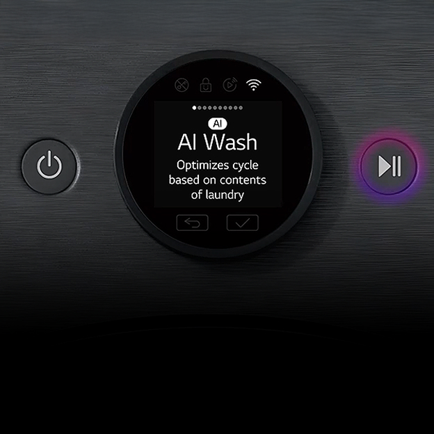 LG washing machine with fabric sensing and AI DD chip graphics over clothing illustrates intelligent motion control for fabric care.
