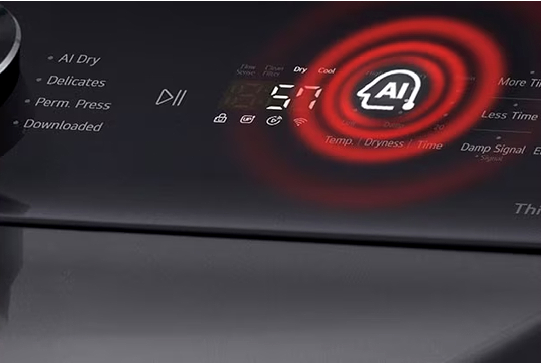LG dryer control panel with an AI icon and cycle time display illustrates AI Sensor Dry adjusting drying performance by moisture level.