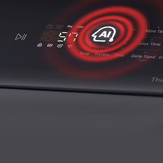 LG dryer control panel with an AI icon and cycle time display illustrates AI Sensor Dry adjusting drying performance by moisture level.