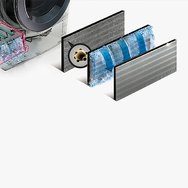 LG dryer cutaway with filter layers and water flow graphics illustrates Auto Cleaning Condenser for easier maintenance and efficient drying.