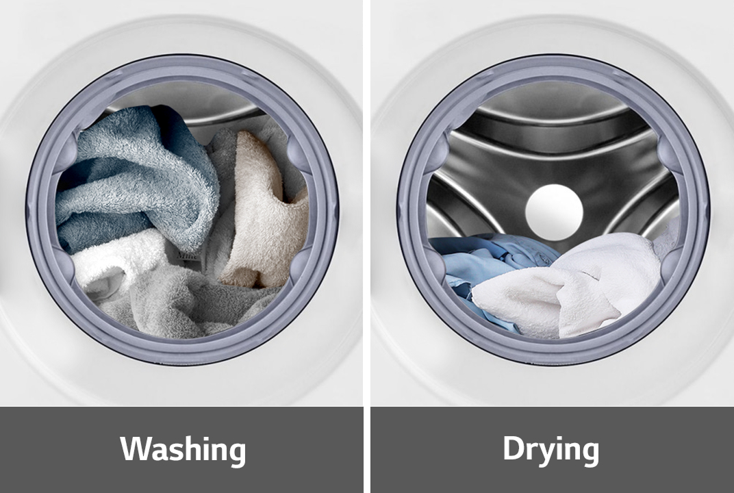 LG dryer drum comparison labeled washing and drying illustrates how drying capacity differs from washing load volume.