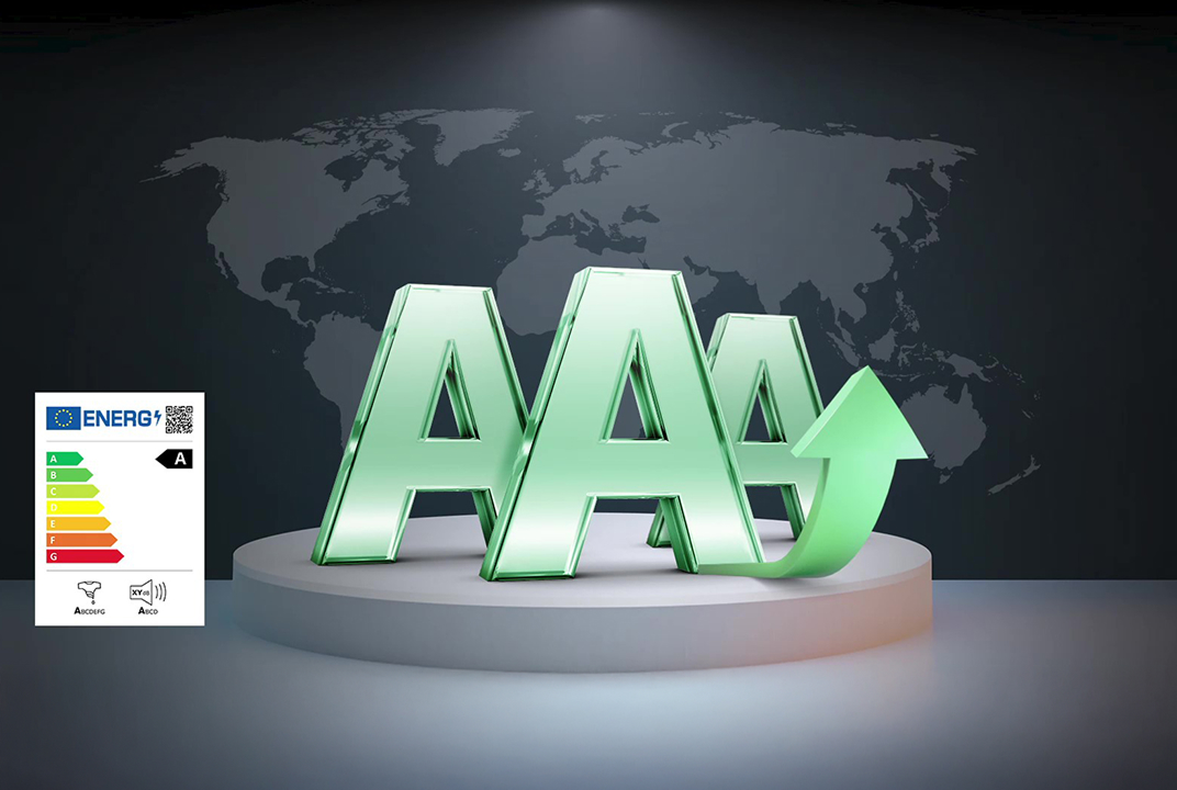 Large AAA rating graphic beside an energy label illustrates the energy efficiency class of the LG laundry appliance.