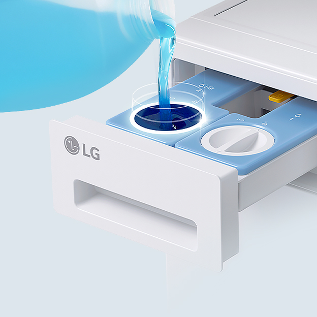 LG washing machine detergent drawer being filled with liquid detergent illustrates ezDispense automatic detergent dosing for multiple loads.