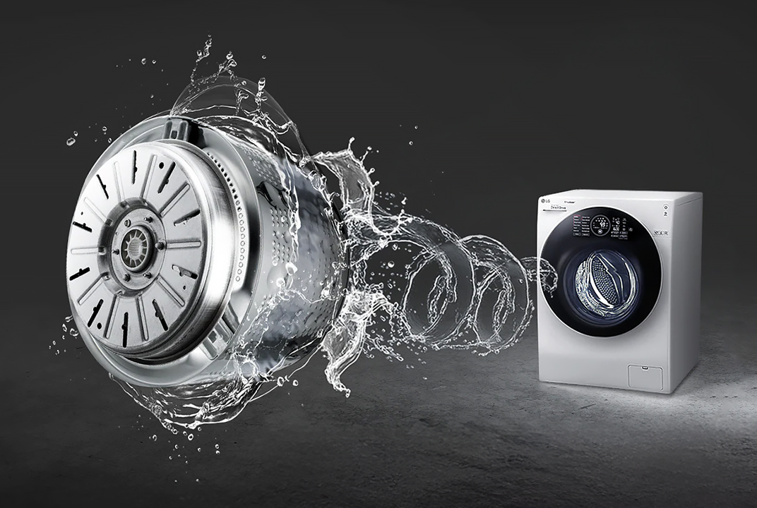 LG washing machine with a swirling drum graphic illustrates Inverter Direct Drive motor power for stable, precise washing performance.