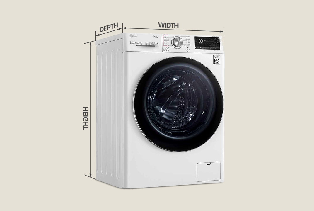 LG washing machine with height, width, and depth measurement lines illustrates product dimensions for installation planning.