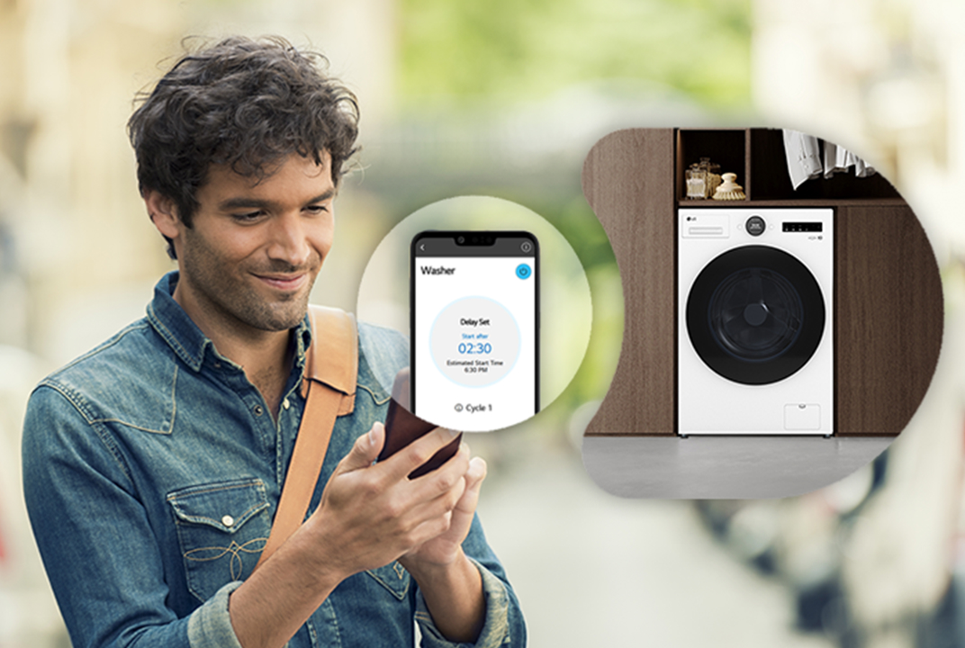 Person checking a smartphone beside an LG washer app screen illustrates remote control and cycle monitoring through ThinQ.
