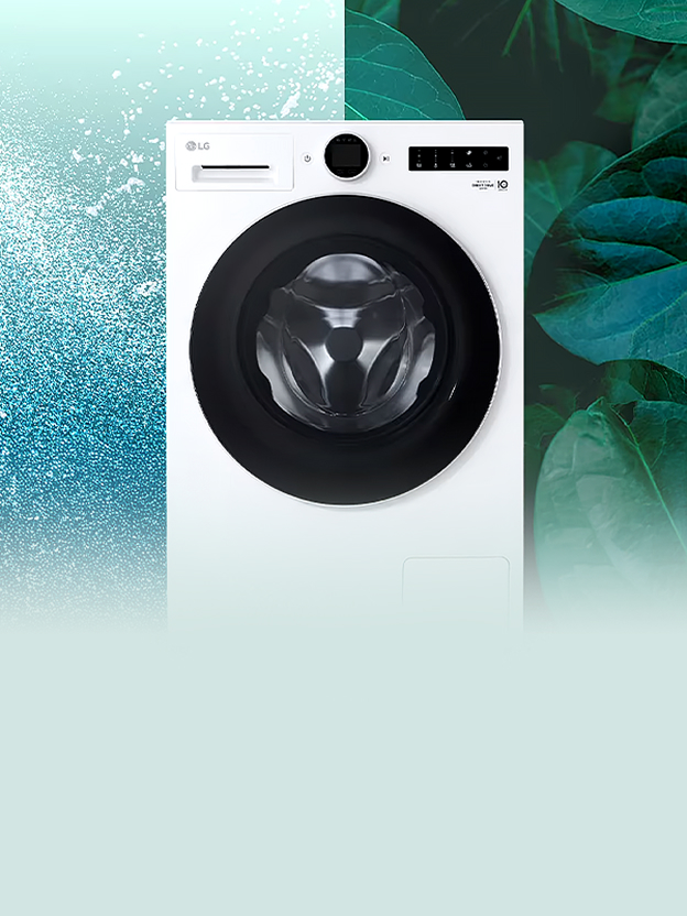 LG washing machine showing a 39-minute cycle on the door display illustrates TurboWash 360 for faster everyday washing.