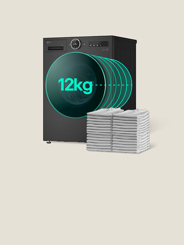 LG washing machine comparison with 8kg and 12kg drum graphics beside stacked shirts illustrates how washing capacity affects load size.