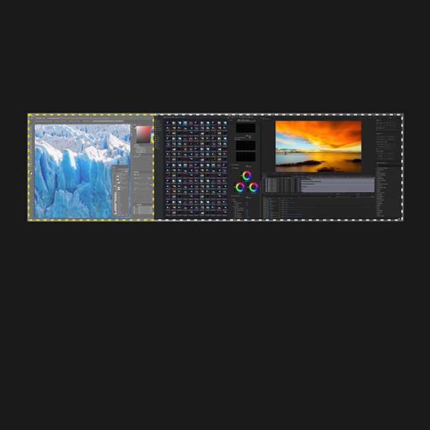 LG monitor showing multiple editing windows spread across a wide screen illustrates how a wider aspect ratio expands workspace for multitasking and immersive viewing.
