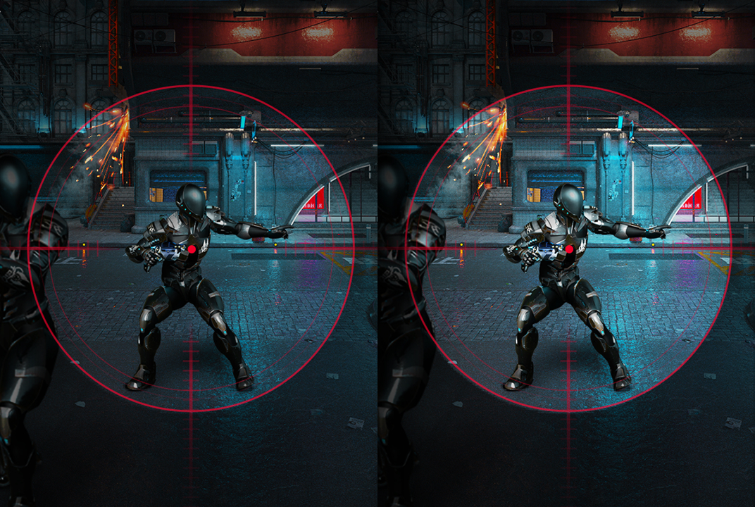 LG gaming monitor comparing a dark scene before and after Black Stabilizer illustrates clearer visibility in shadows.