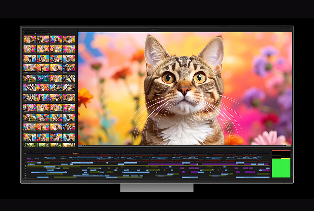 LG monitor showing a cat, color palette, and graphics illustrates wide color gamut expression.