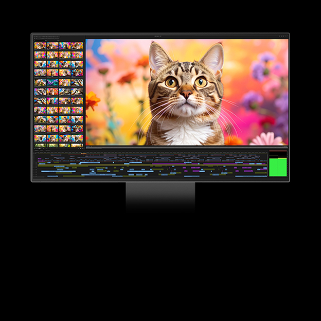 LG monitor showing a cat, color palette, and graphics illustrates wide color gamut expression.