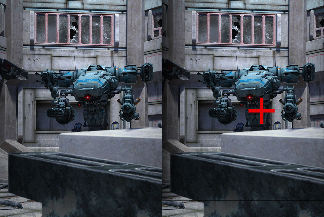 LG gaming monitor comparing a robot scene with a red crosshair added illustrates the Crosshair aiming aid.