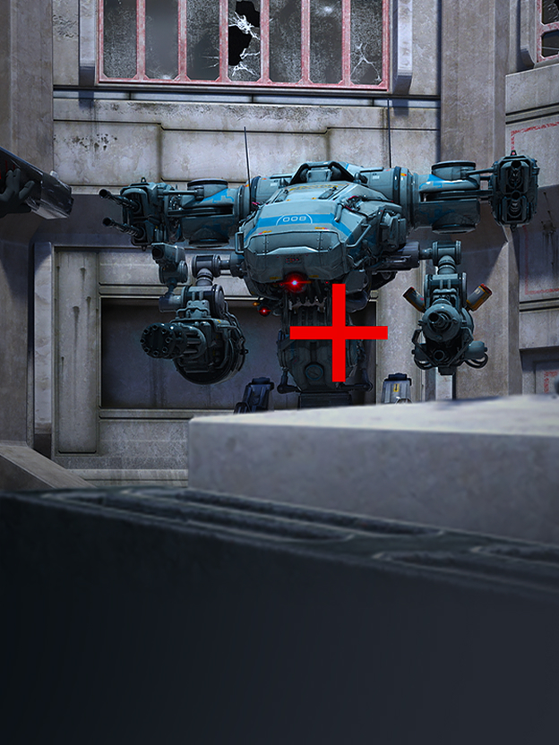 LG gaming monitor comparing a robot scene with a red crosshair added illustrates the Crosshair aiming aid.