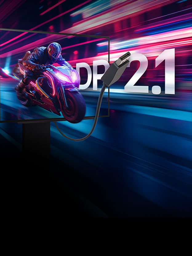 LG monitor racing scene with DP 2.1 text illustrates DisplayPort connectivity and high-bandwidth transmission.