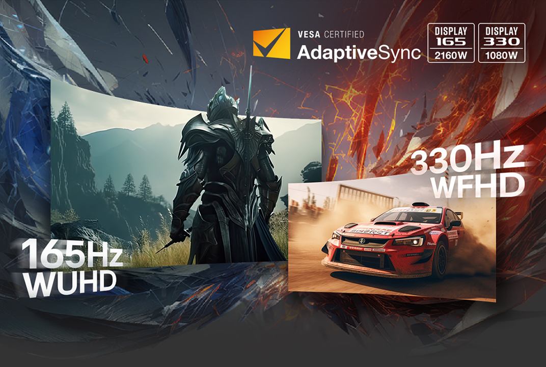 LG gaming monitor graphic showing 165Hz WUHD and 330Hz WFHD layouts illustrates Dual Mode for switching screen size, ratio, and refresh rate.