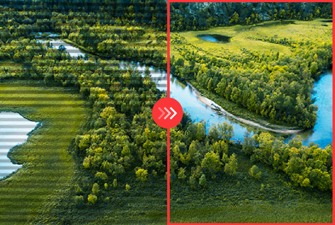LG monitor showing a landscape split between visible scan lines and a clearer image illustrates Flicker Safe for more comfortable viewing.