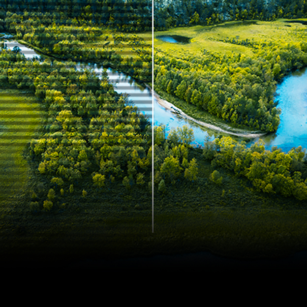 LG monitor showing a landscape split between visible scan lines and a clearer image illustrates Flicker Safe for more comfortable viewing.