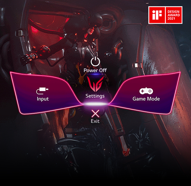 LG gaming monitor showing a purple settings menu and mode options illustrates Gaming GUI controls.