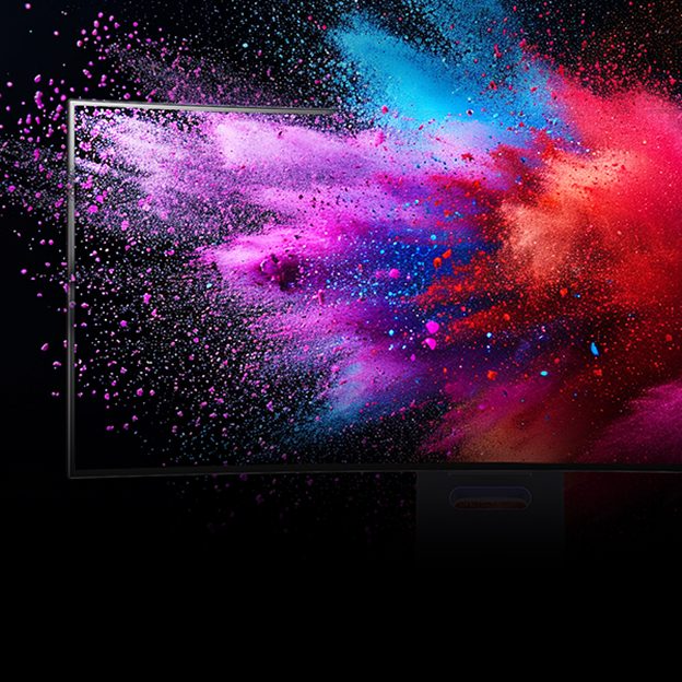 LG monitor showing vivid pink and blue powder bursts with DisplayHDR 400 and DCI-P3 labels illustrates HDR brightness and color range.