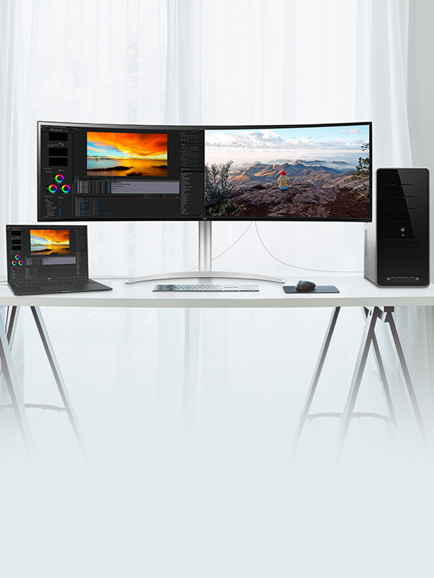 LG monitor setup sharing one keyboard and mouse across devices illustrates KVM control.
