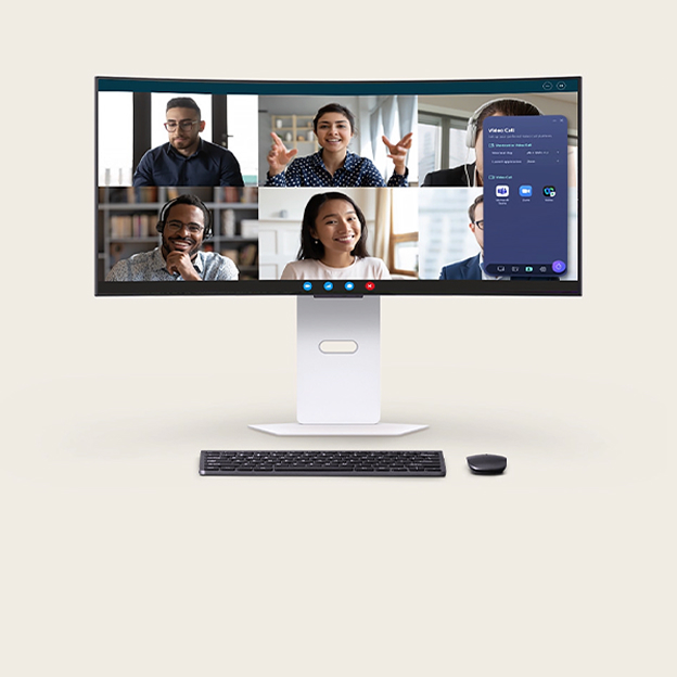 LG monitor displaying LG Switch app menus and layout options illustrates screen management tools.