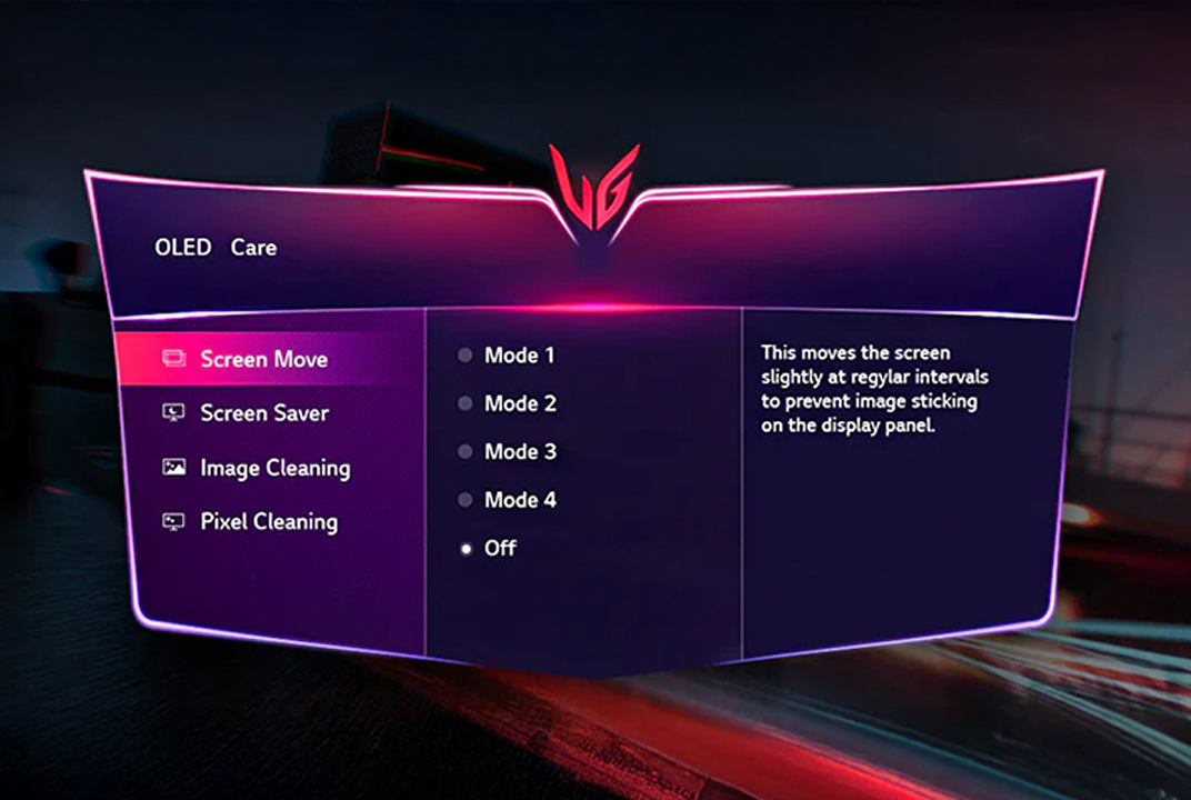 LG monitor showing OLED Care settings over a purple screen illustrates panel protection tools.