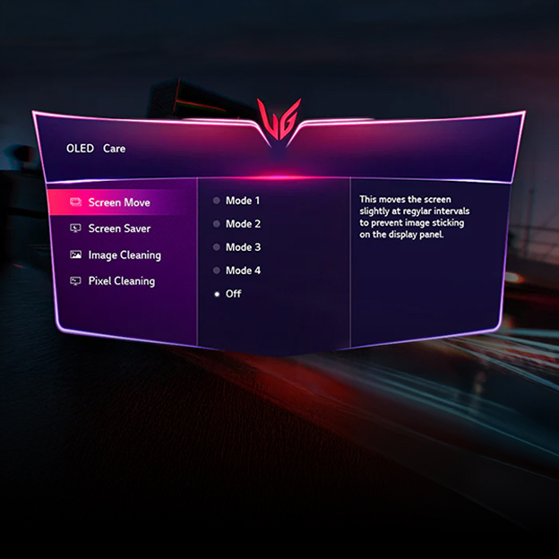 LG monitor showing OLED Care settings over a purple screen illustrates panel protection tools.